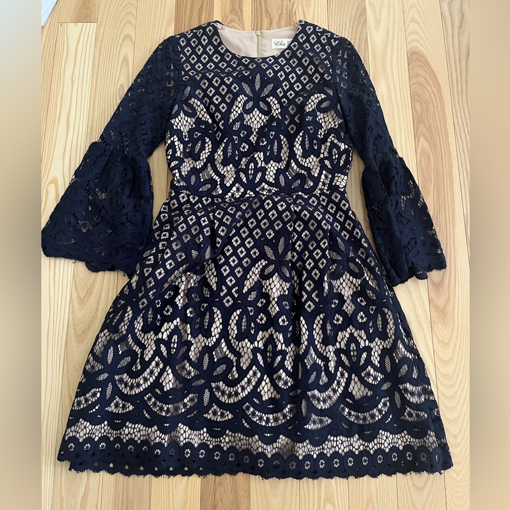 Eliza J Navy Lace Dress with Bell Sleeves